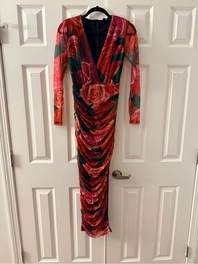 Red Floral Ruched V-Neck Long Sleeve Dress